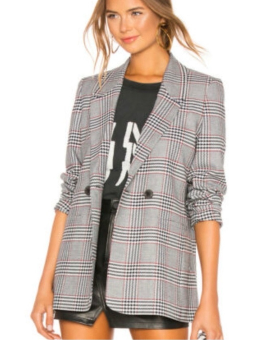 Anine Bing Madeleine Blazer XS Plaid Double Breasted Black White Red